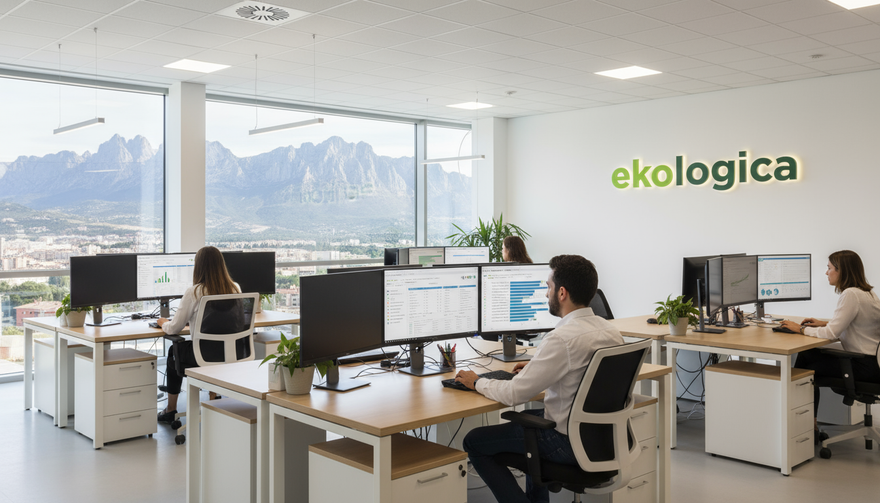 Empleados de oficina revisando datos en una pantalla de computadora. Gráficos y tablas en verde y blanco, escritorio de madera, ambiente moderno.