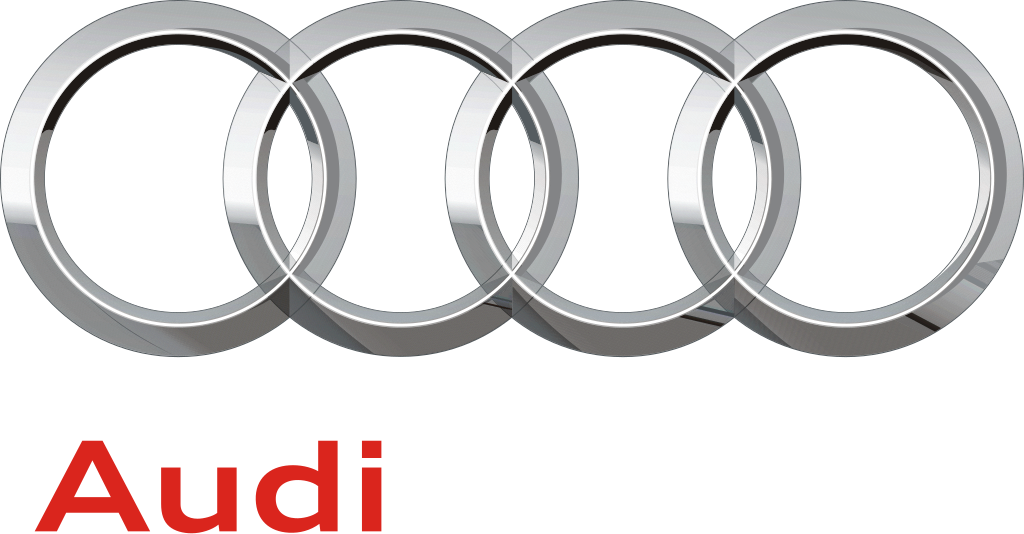 Logotipo de Audi: cuatro anillos plateados entrelazados sobre la palabra roja