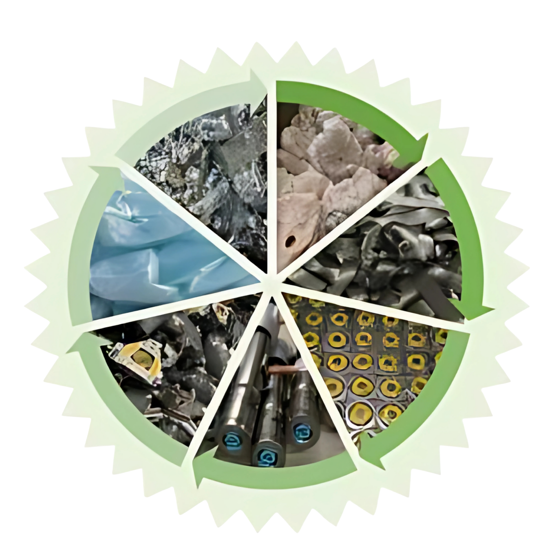 Diagrama circular que muestra el proceso de reciclaje de baterías con diferentes fases de material y acentos verdes.