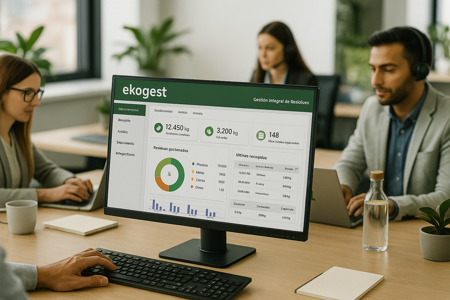 Empleados de oficina revisando datos en una pantalla de computadora. Gráficos y tablas en verde y blanco, escritorio de madera, ambiente moderno.