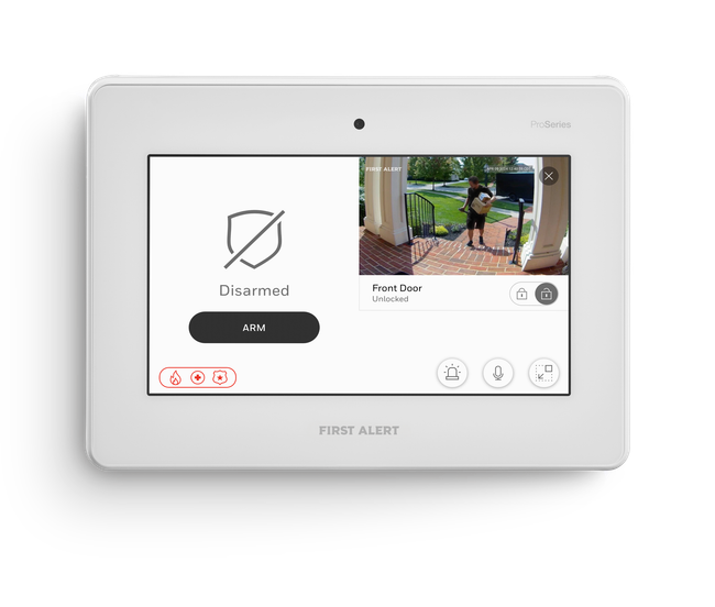 White Nest doorbell monitor showing a live outdoor camera feed and alert controls