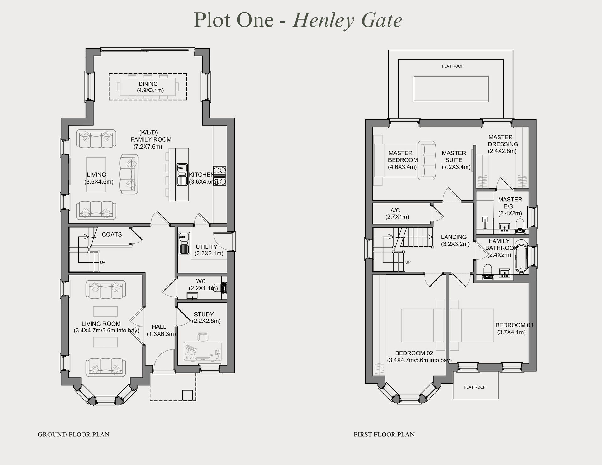 Floor plan of a house, Plot One - Henley Gate. Two levels: upper with bedrooms, lower with kitchen/living.