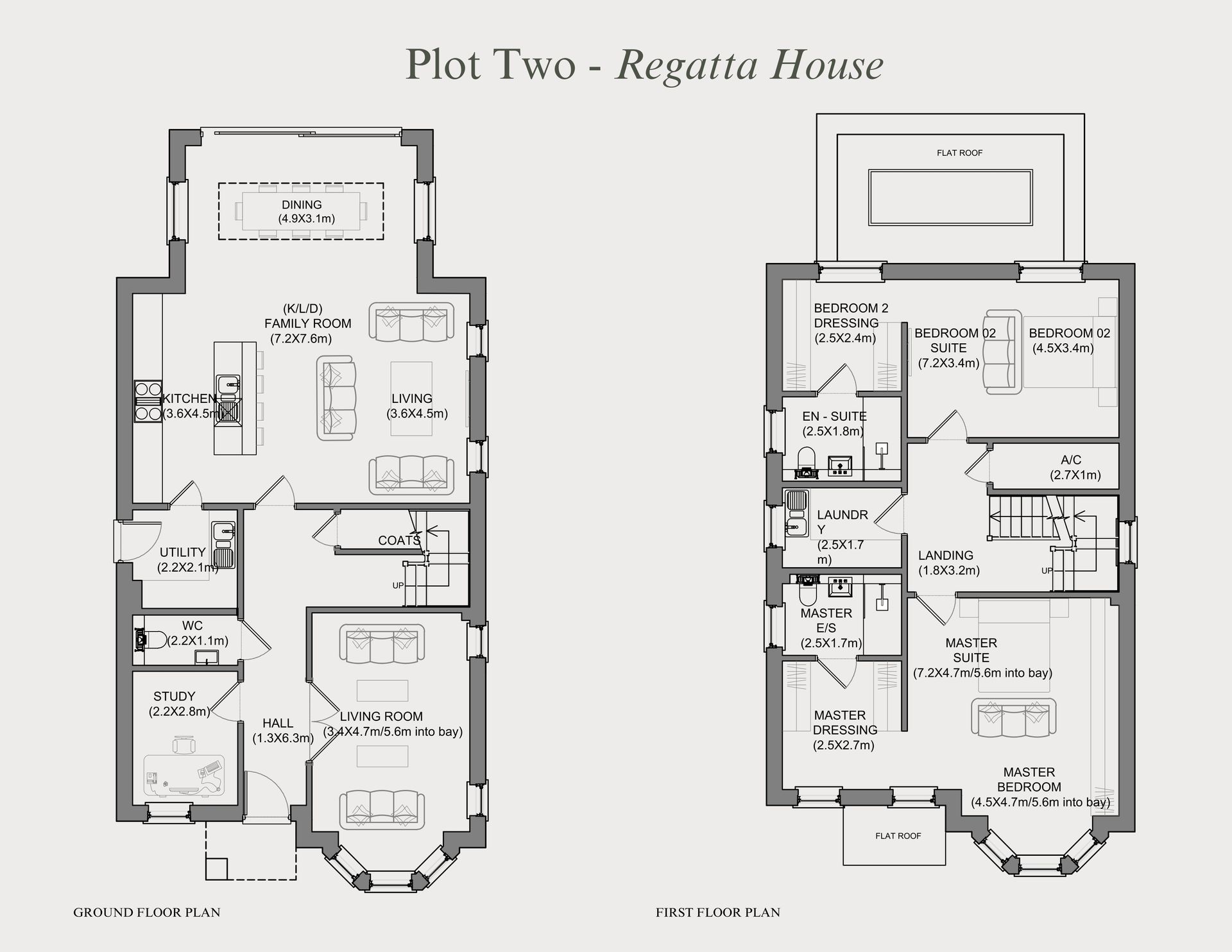 Floor plan of a two-story house, Plot Two - Regents House. Shows rooms and layout.