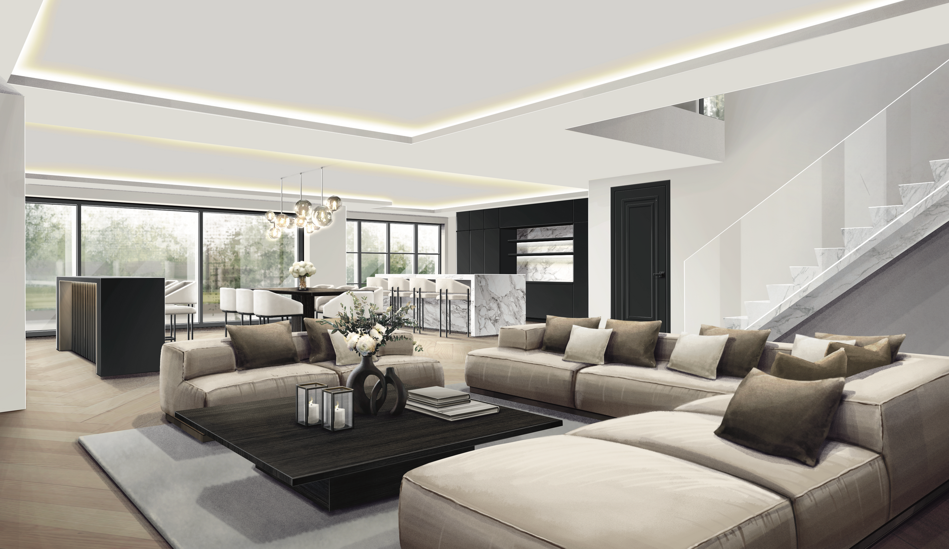 Modern living room with sectional sofa, marble kitchen, and large windows.