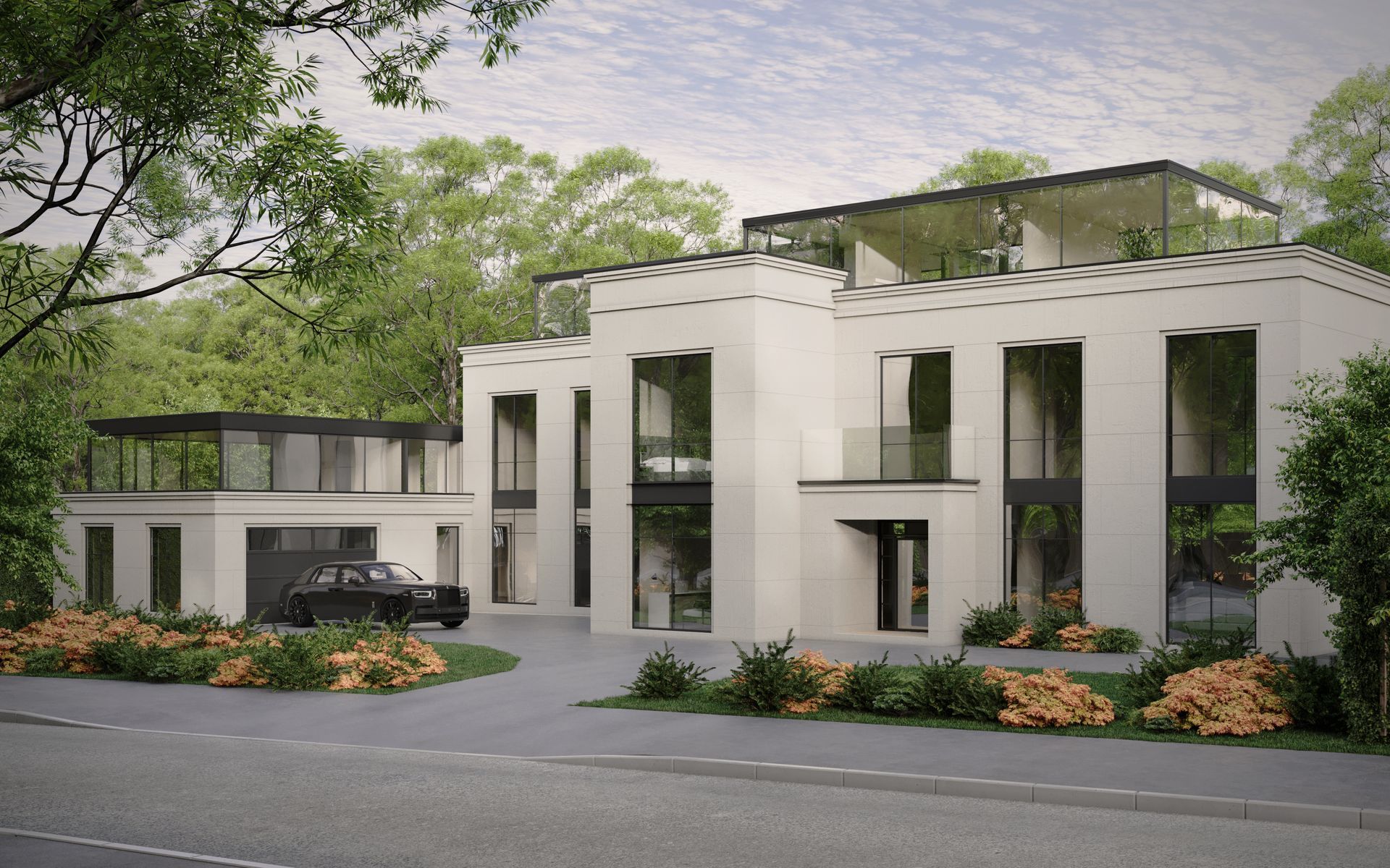 Modern two-story white house with a car in the driveway, lush greenery and a glass-enclosed rooftop terrace.