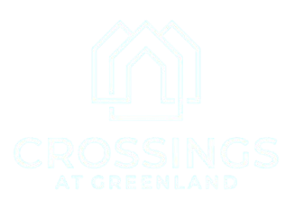 Logo for Crossings at Greenland, white house outlines on a turquoise background.