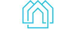 Logo for Crossings at Greenland, white house outlines on a turquoise background.