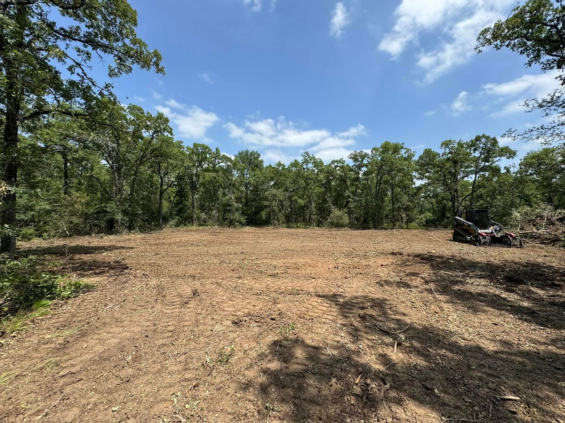 A cleared patch of dirt surrounded by green trees under a bright blue sky, with an ATV parked at the edge of the woods.