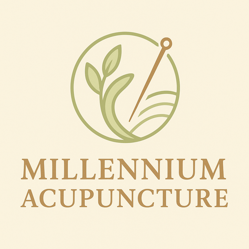 Logo for Millennium Acupuncture: Circle with plant, needle, and text.