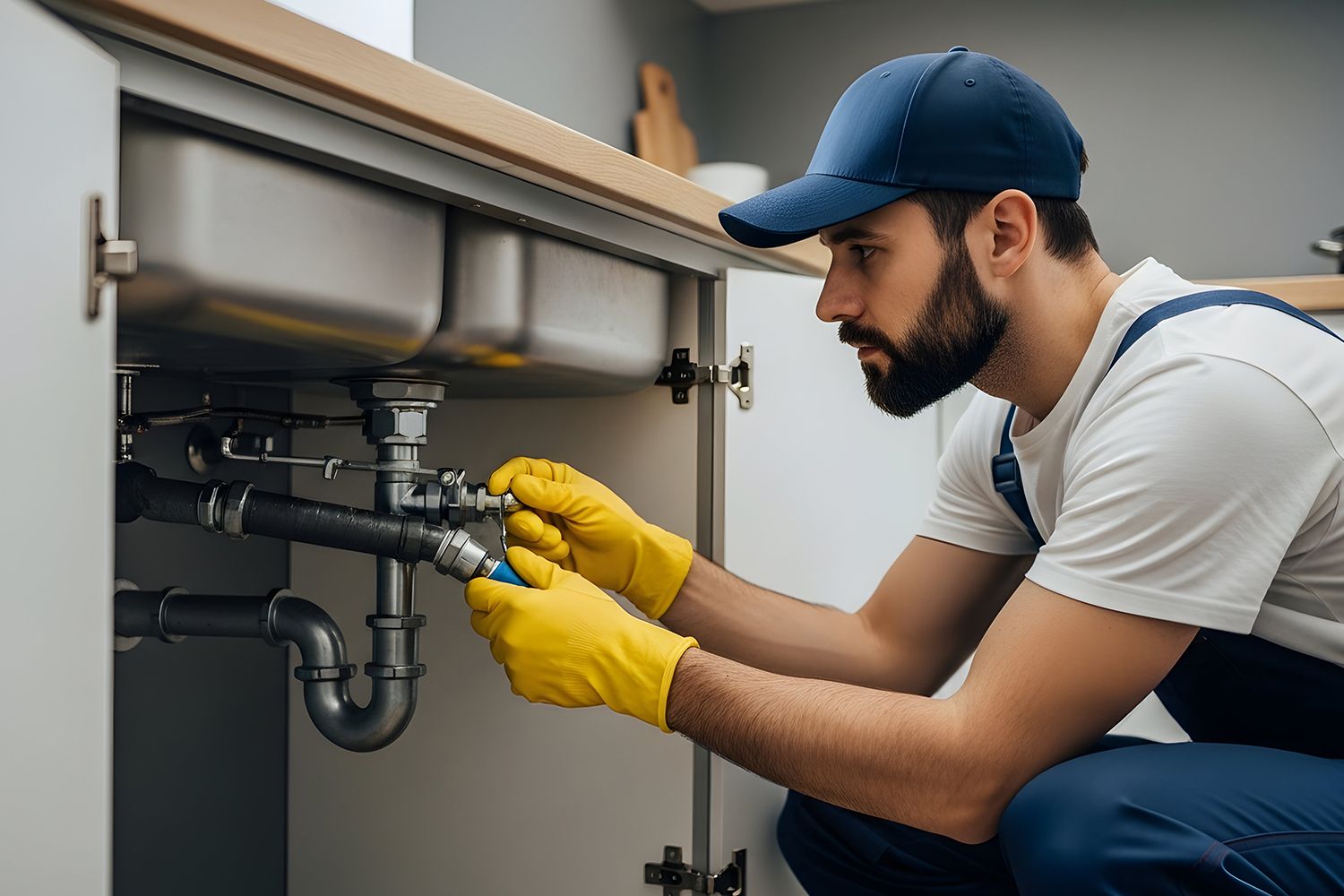 Skilled plumber fixing leaky pipes under a modern kitchen sink.
