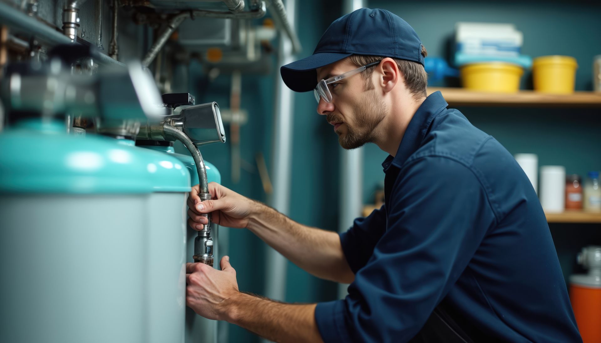 A professional plumber in a blue uniform and cap servicing a residential water softener system.
