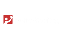 Curved red and blue lines above white text, likely a company logo.