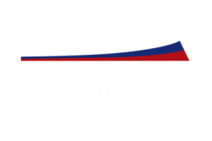 Curved red and blue lines above white text, likely a company logo.