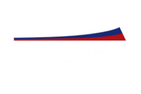 Curved red and blue lines above white text, likely a company logo.