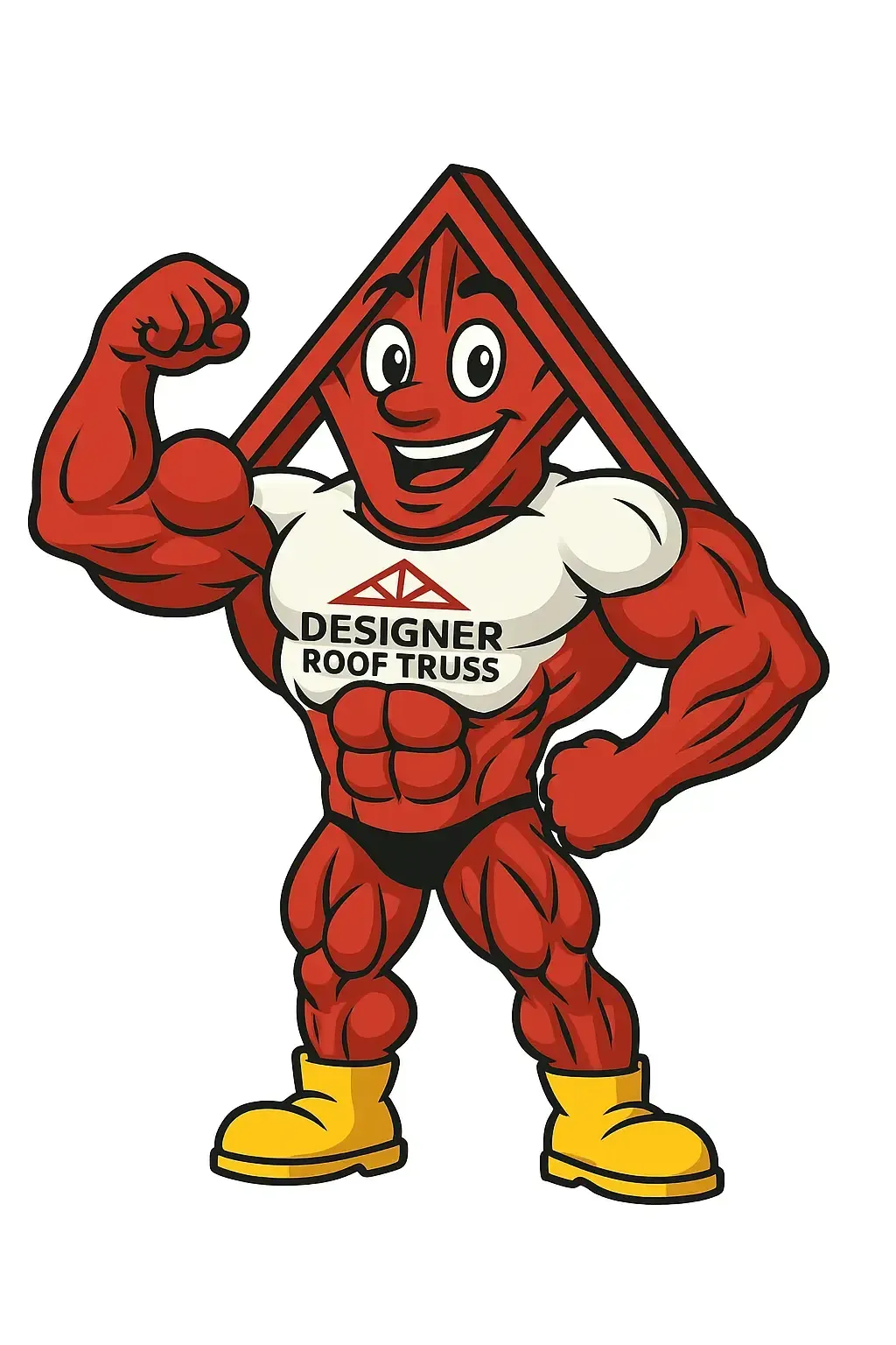 A muscular red roof truss mascot flexing, wearing a shirt that says 
