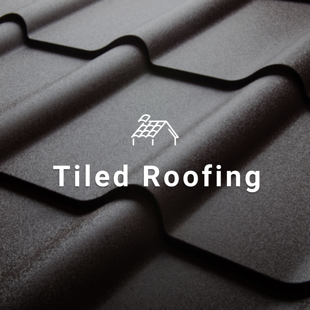 Brown metal tiled roof with the words "Tiled Roofing" overlaid.