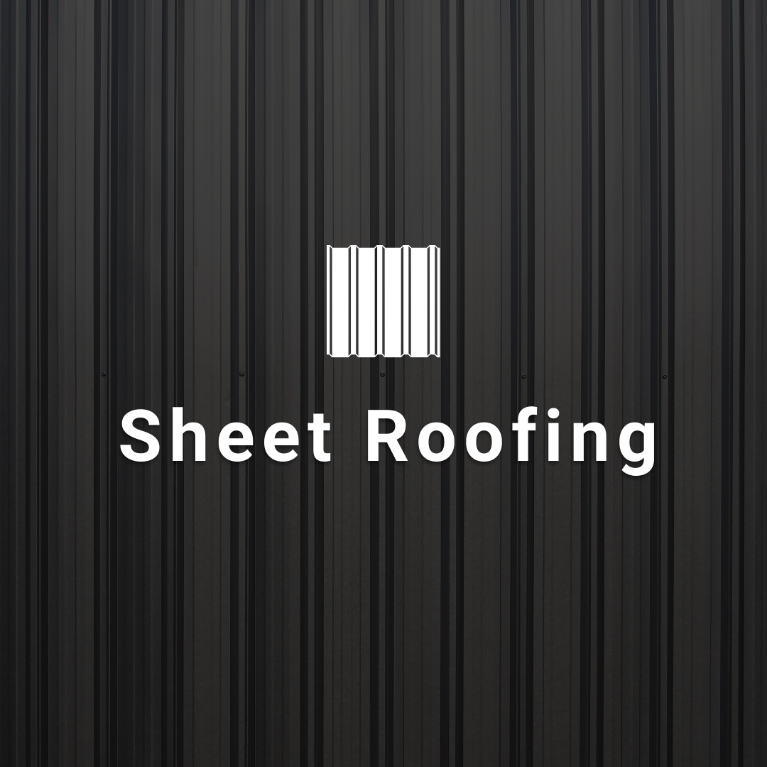 Sheet roofing logo on corrugated dark gray metal background.