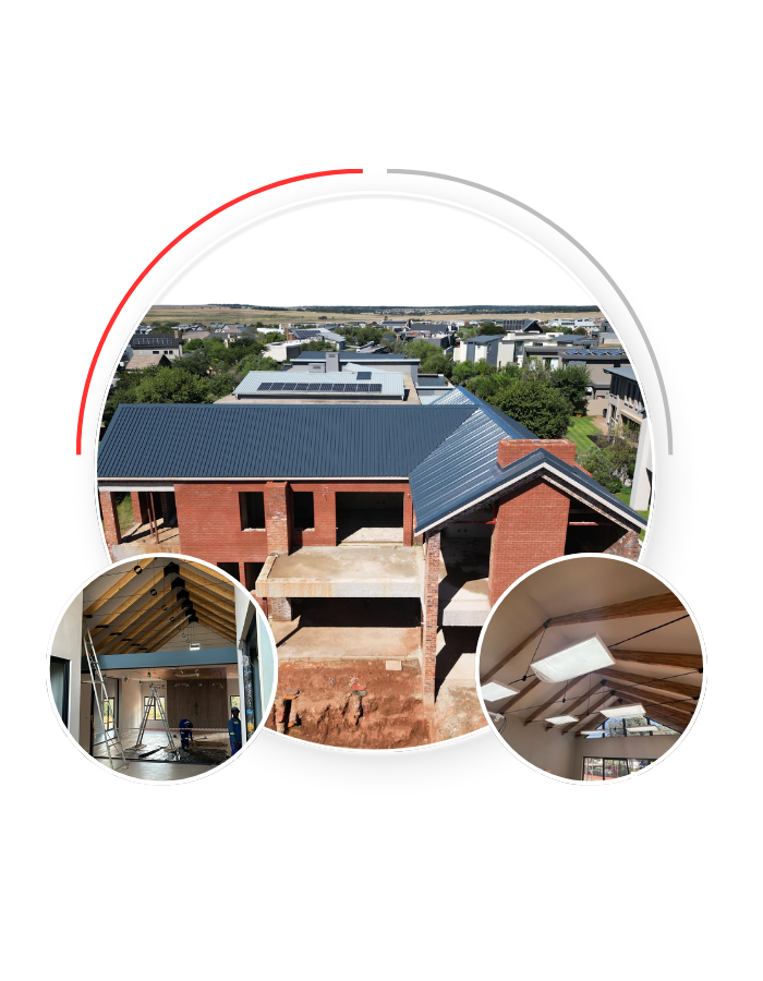 Construction site with brick building and roofing. Interior shots of wood beams. Urban setting.