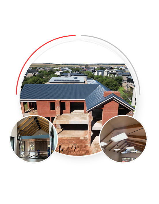 Construction site with brick building and roofing. Interior shots of wood beams. Urban setting.