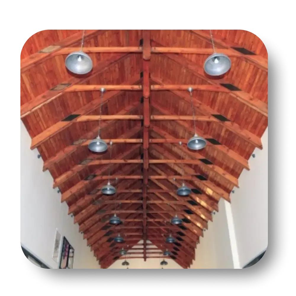 Wooden ceiling with pendant lights.