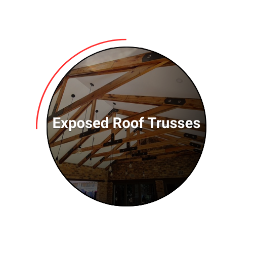 Exposed wooden roof trusses in a circular frame; text reads 