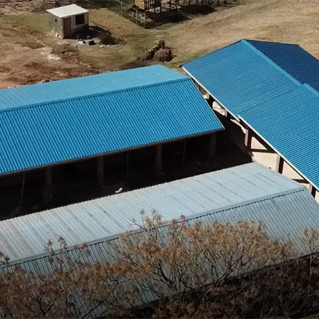Overhead view of a building with blue and gray corrugated metal roofs. Brown field in background.