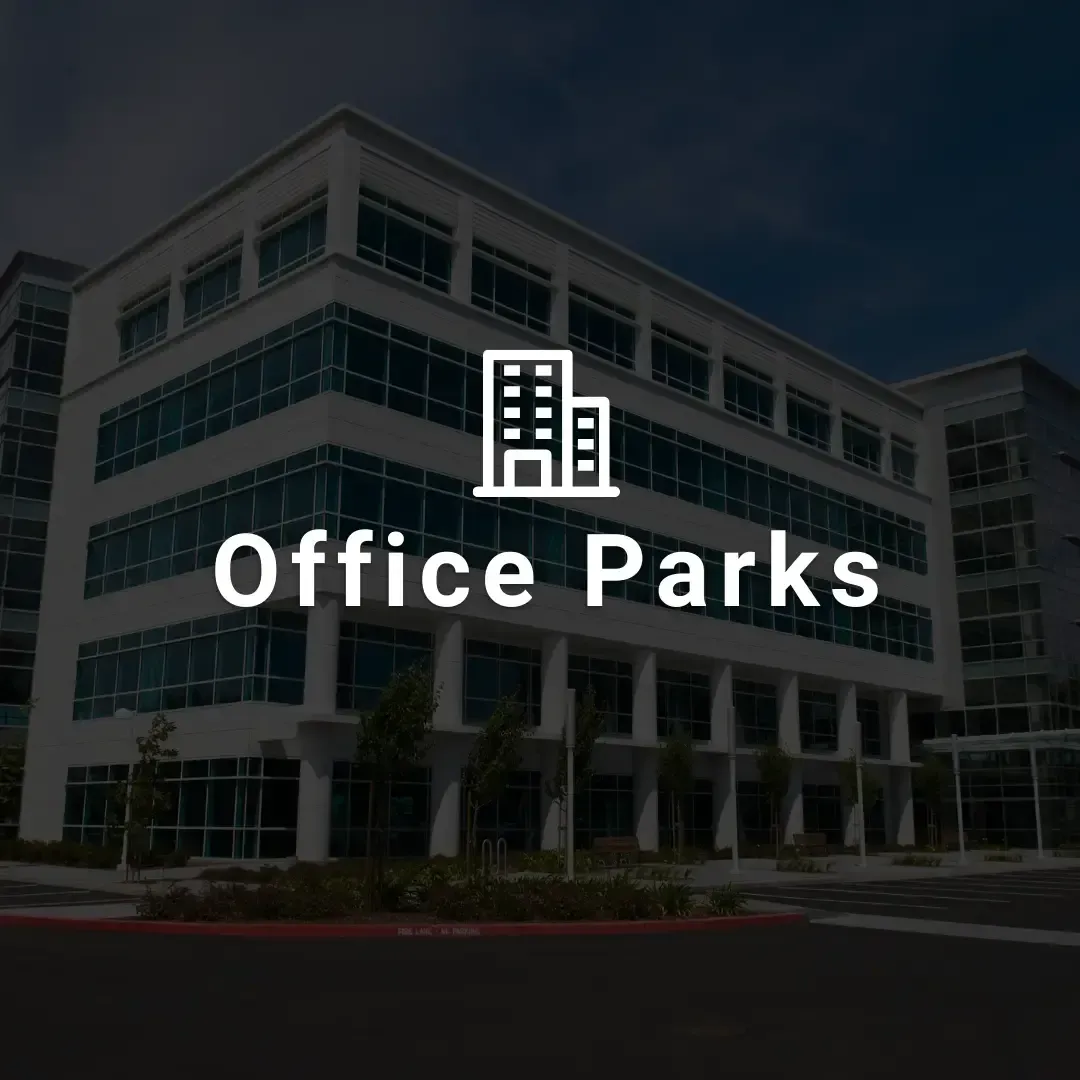 Modern office building with "Office Parks" label and building icon.