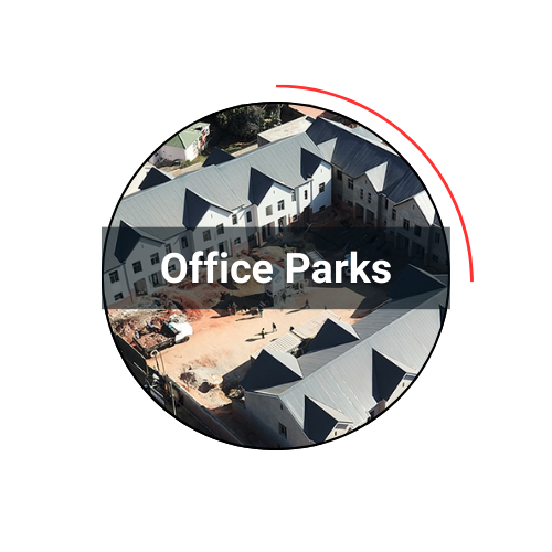 Aerial view of office park, labeled 
