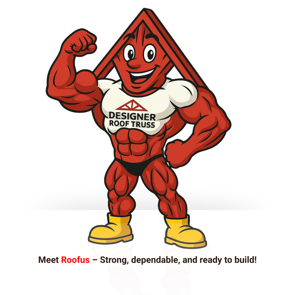 A muscular cartoon truss, Roofus, flexing. Red with a white shirt.