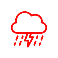 Red outline of a cloud with rain and lightning.