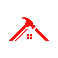 Red hammer and roof silhouette logo.
