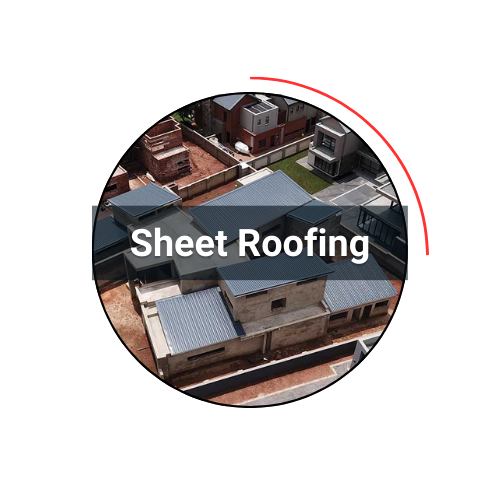 Aerial view of a modern house with sheet roofing, in a residential area, with a text label.