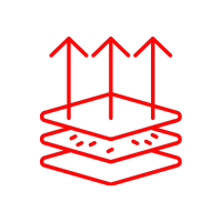 Red layers with arrows pointing up, indicating breathability.