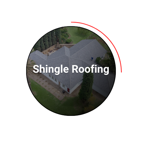 Shingle roofing on a house, aerial view, in a circle with text 