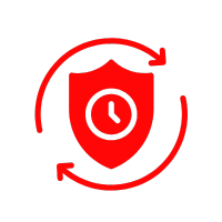 Red shield with a clock in the center, encircled by an arrow loop, suggesting ongoing protection.
