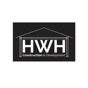 HWH Construction & Development logo: white letters and house outline on black background.