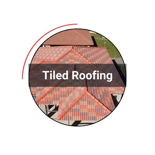 Overhead view of colorful tiled roofing with text overlay, 