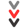 Three downward-pointing chevrons: gray, red, and black, indicating progression.