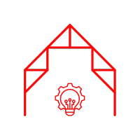 Red outline of a building frame above a gear-shaped lightbulb, suggesting construction or engineering.
