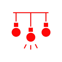 Red chandelier with three hanging lights, one illuminated.