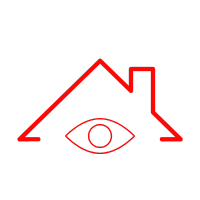 Red outline of a house with an eye beneath the roof; security or monitoring concept.