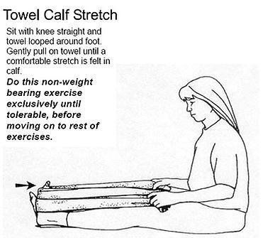 A black and white drawing of a woman doing a towel calf stretch exercise.