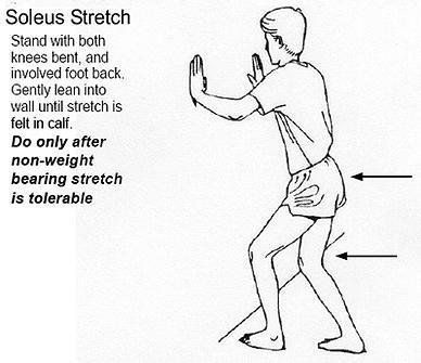 A black and white drawing of a man doing a soleus stretch