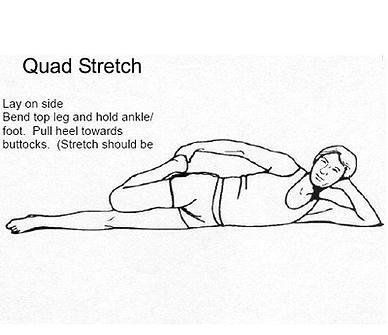 A black and white drawing of a person doing a quad stretch.