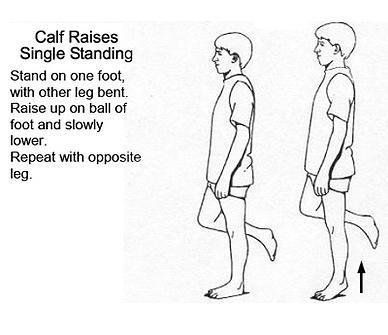 Calf raises single standing stand on one foot with other leg bent.