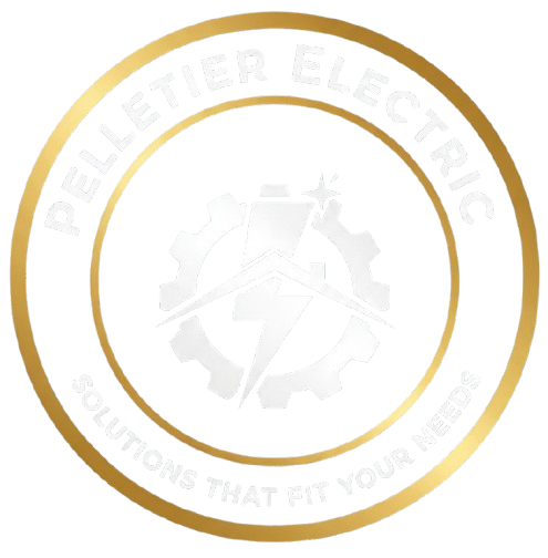 Gold and white logo for Pelletier Electric. White text "Pelletier Electric" and "Solutions that fit your needs!" encircles a central design.