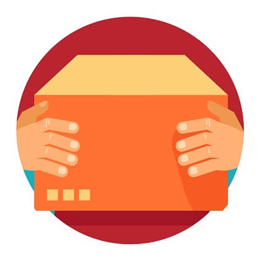 Manos sosteniendo un paquete; caja naranja con tapa color canela en un círculo rojo.