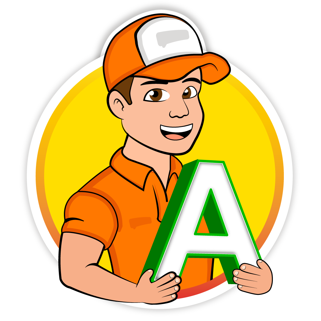 Hombre con uniforme naranja sosteniendo una gran letra A, sonriendo.