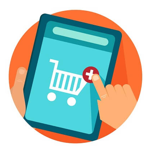 Persona que usa una tableta para comprar en línea; icono de carrito de compras con un signo más.