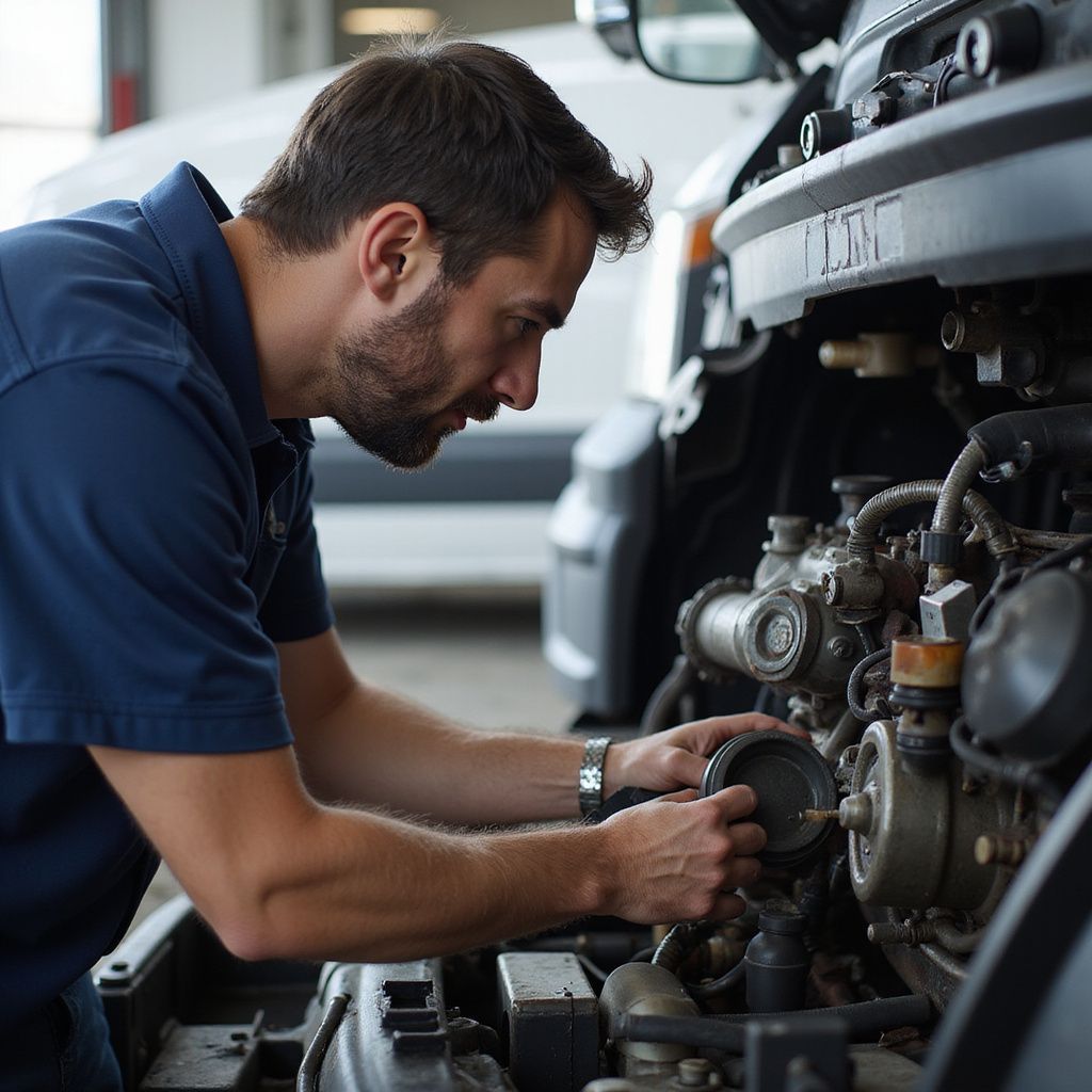 Mechanic examines engine under the hood in a garage.